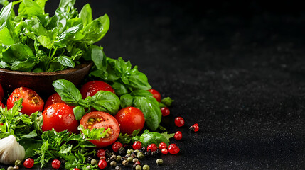 Fresh tomatoes, basil, garlic, peppercorns on dark background; food blog, recipe