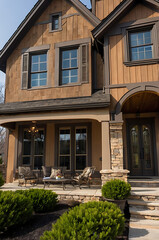 Fototapeta premium Luxury Suburban House Exterior: Modern Design, Stone and Wood Facade, Elegant Porch