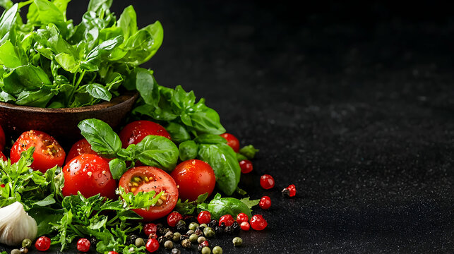 Fresh tomatoes, basil, garlic, peppercorns on dark background; food blog, recipe