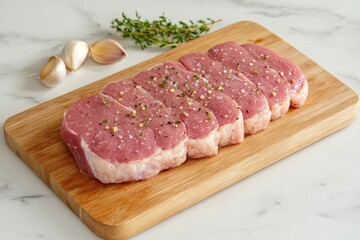 Fototapeta premium Freshly Cut Raw Pork Chops on a Wooden Cutting Board with Sprigs of Thyme and Garlic Cloves Ready for Cooking in a Bright Kitchen Setting