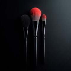 Realistic natural brushes with vibrant cosmetic products on dark background. brushes showcase blend of colors, perfect for makeup application and artistry
