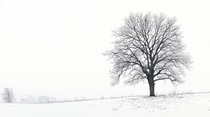 Lone tree winter snow field fog; serene landscape