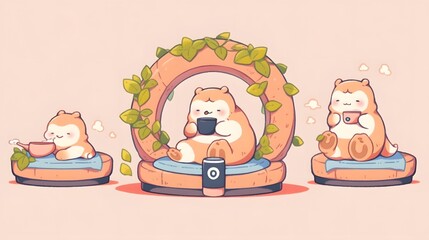 Dreamy Herbal Warmth, Cozy Cartoon Capybara Enjoying Coffee and Donut in Modern Interior Setting