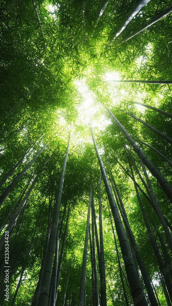 Poster bamboo forest with light beams filtering through tall green trees, creating serene and tranquil atmo