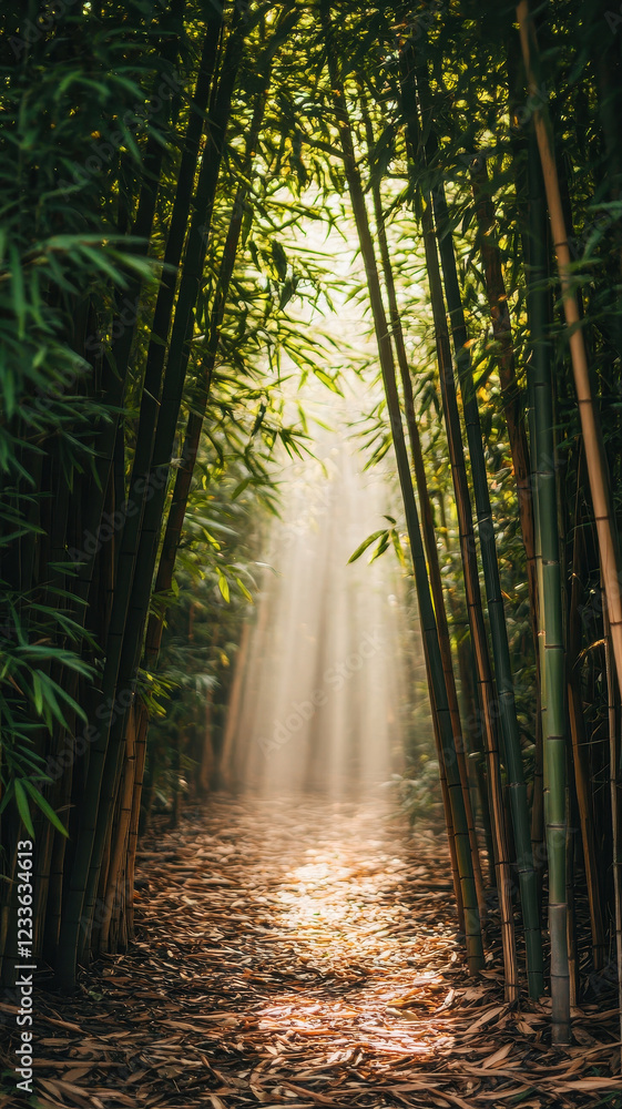 Poster bamboo forest with light beams filtering through tall trees, creating serene and tranquil atmosphere