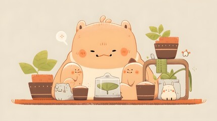 Dreamy Herbal Warmth, Whimsical Capybara Sipping Coffee Amidst Cozy Houseplants in Minimal