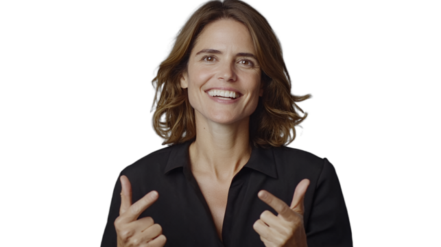 a portrait of a woman in a black shirt giving a thumbs up sign with her hands and fingers PNG image, PNG file, Generative art.