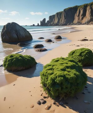 Seaweed-covered boulders on a Holderness Coast beach, ocean waves, holderness coast