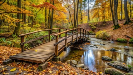 Rustic wooden bridge over a stream in a wooded area with changing leaves, landscape photography, stream, autumn colors, bridge