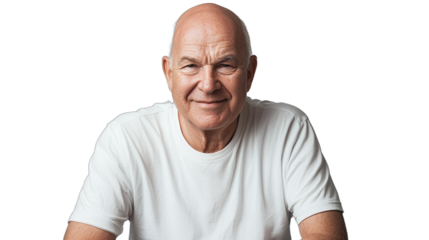 a portrait of an older balding man in a white t - shirt looking at the camera with a smile on his face PNG image, PNG file, Generative art.