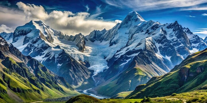 Rugged mountain peaks with snow-capped summits and verdant valleys, scenery, landscape, mountain, earthy, rugged
