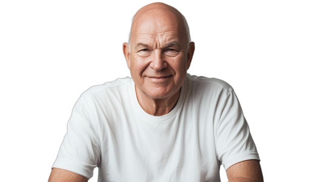 a portrait of an older balding man in a white t - shirt looking at the camera with a smile on his face PNG image, PNG file, Generative art.