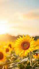 Obraz premium Bright sunflower in golden field under warm sunset, radiating joy and beauty. vibrant yellow petals contrast beautifully with soft background