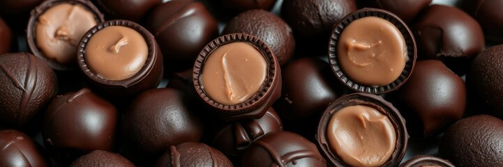 Obraz premium Rich dark chocolate truffles with smooth creamy ganache centers, foodie delights, gourmet desserts, velvety texture