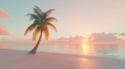 Solitary palm tree on a tranquil beach at sunset.
