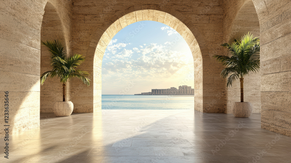 Poster serene view of archway leading to beach with palm trees and ocean