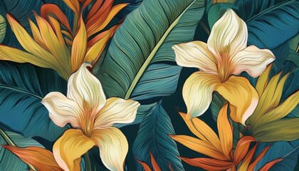 Stunning Tropical Banana Leaves Flowers Seamlessly Arranged in a Vibrant, Lush Setting, Perfect for Botanical or TravelThemed Designs