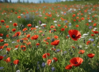 Red poppy blooms with other wildflowers in a meadow, nature photography, colorful wildflowers