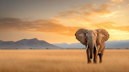 Fototapeta premium large elephant standing in vast open field under beautiful sunset
