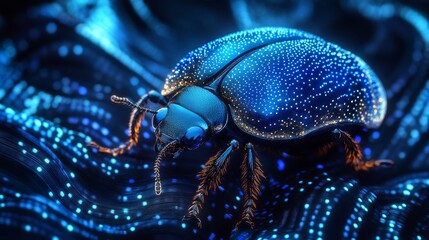 Luminous Blue Beetle on Glowing Digital Surface