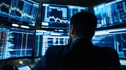 Fototapeta premium Business Professional Analyzing Financial Data on Multiple Monitors in a Dark Office Environment