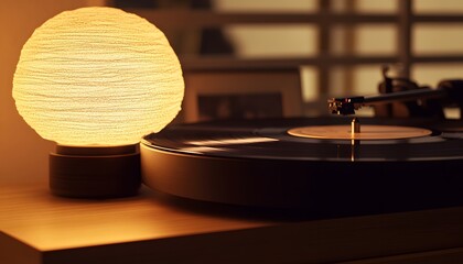 Obraz premium Illuminated lamp and vinyl record player on wooden surface