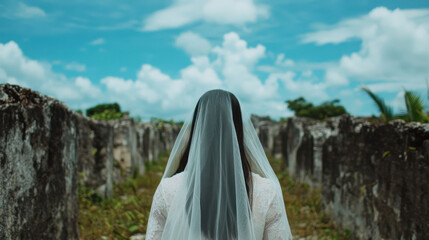 A woman in a white veil stands in a serene outdoor setting, gazing at a sky filled with clouds, surrounded by nature and old stone structures.