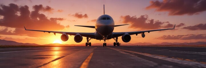 Plane touches down on runway as vibrant sunset fades behind it, clouds, atmosphere, airplane landing