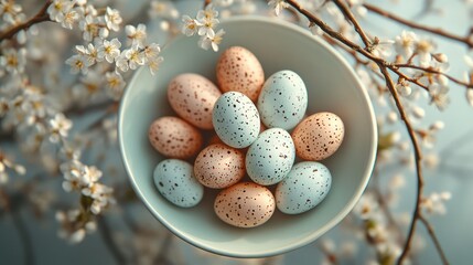 Fototapeta premium Pastel Easter eggs bowl spring blossom