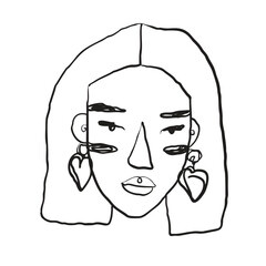 Simple woman face hand drawn illustration. Vector line-art. Stylish print for clothes, cards, posters. Face, line drawing, trendy portrait