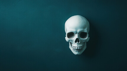 A realistic human skull against a dark, textured background, emphasizing its details and shadows.