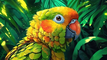 Vibrant close up of colorful parrot surrounded by lush tropical foliage, showcasing the beauty and diversity of rainforest wildlife