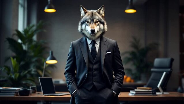 wolf in a classic business suit stand with hands in pockets