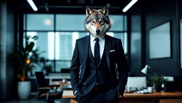 wolf in a classic business suit stand with hands in pockets