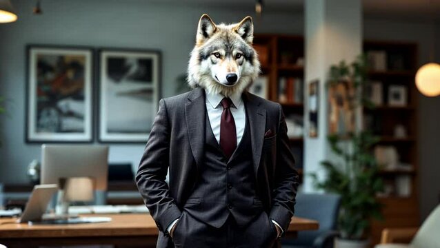 wolf in a classic business suit stand with hands in pockets