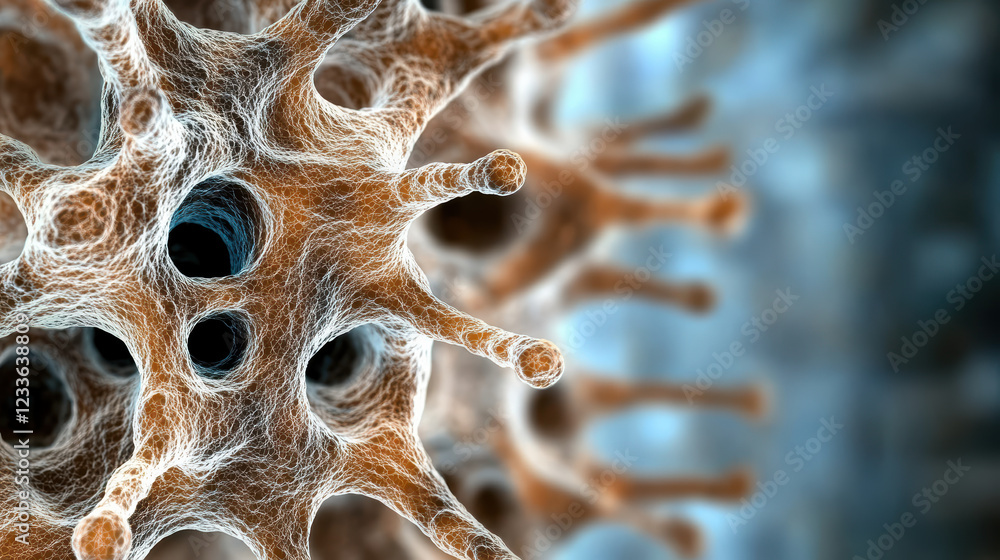 Poster microscopic image of cell dividing, showcasing intricate structures and glowing details