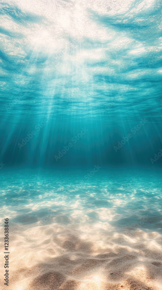 Poster crystal clear underwater view of ocean with sunlight filtering through water, creating serene and tr