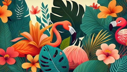 Vivid Tropical Garden Bloom with Exotic Flamingos Amidst a SunSoaked Backdrop in the Heart of Paradise