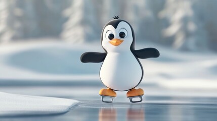 Cute penguin ice skate cartoon style