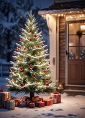 Snow-covered Christmas tree with ornaments and lights, festive atmosphere, garlands