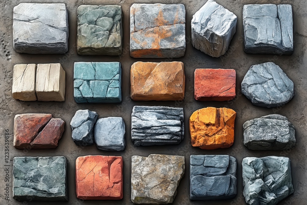Poster a collection of textured stones in various colors and shapes.