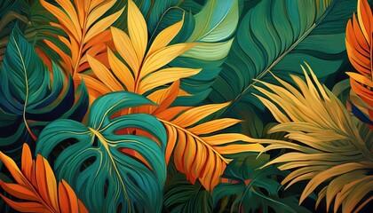Vivid Tropical Rainforest Scene A Stunning Display of Lush Foliage, Exotic Flora Fauna, and the Magical Colors of Dusk Amidst a Mystical Amazonian Landscape.