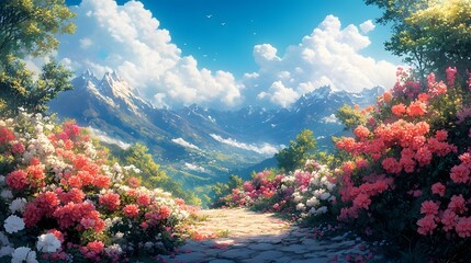 Naklejka premium Majestic Mountain Landscape with Vibrant Floral Bloom in Tranquil Summer Retreat