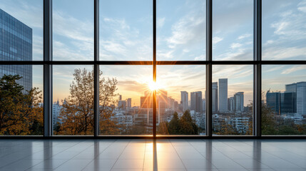 Naklejka premium stunning sunset view through large glass windows, showcasing city skyline