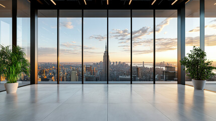 Fototapeta premium modern office space with large windows showcasing city skyline at sunset