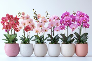 Naklejka premium A collection of colorful orchids in decorative pots.