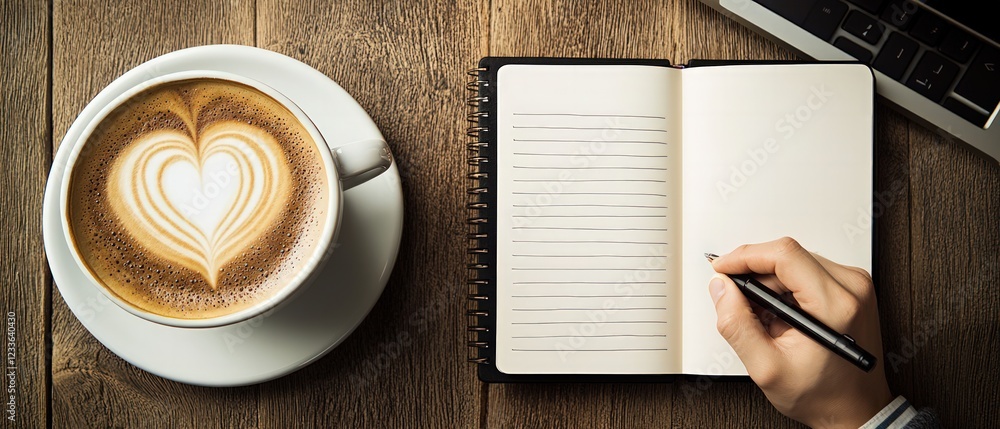 Poster cup of latte with heart design and open notebook on wooden table with hand writing notes