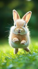 Fototapeta premium Playful Rabbit Leaping Joyfully in a Vibrant Sunlit Meadow Filled with Wildflowers
