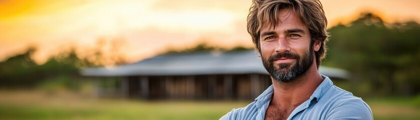 Obraz premium Man smiling sunset rural home