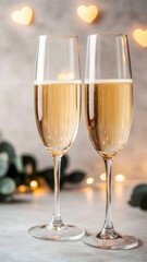 Elegant champagne glasses clinking together, creating romantic atmosphere with soft heart shaped lights in background. Perfect for celebrations and special moments